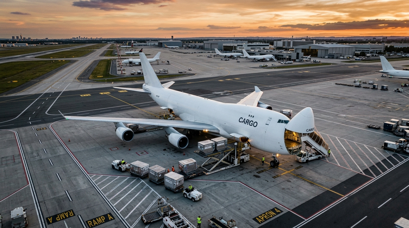 Perspectiva aérea de dron: avión carguero en rampa de aeropuerto