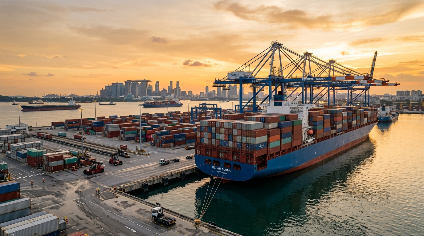 Puerto marítimo comercial internacional con grúas de transferencia y buque portacontenedores